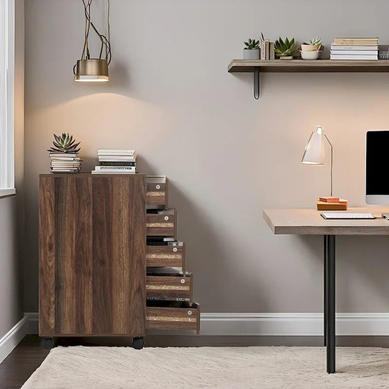 Portable Wooden 5-Drawer Cabinet with 360 Wheels, Easy Pullout Design, and Extra Top Storage