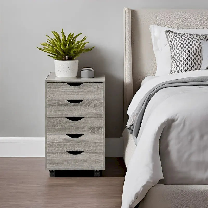 Portable Wooden 5-Drawer Cabinet with 360 Wheels, Easy Pullout Design, and Extra Top Storage