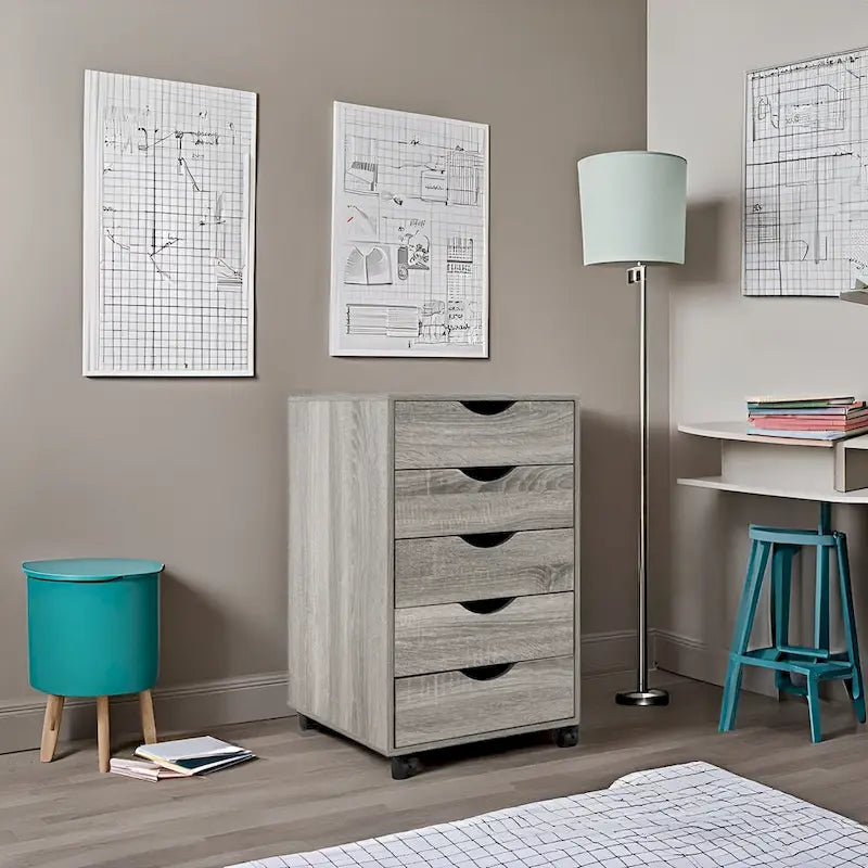 Portable Wooden 5-Drawer Cabinet with 360 Wheels, Easy Pullout Design, and Extra Top Storage
