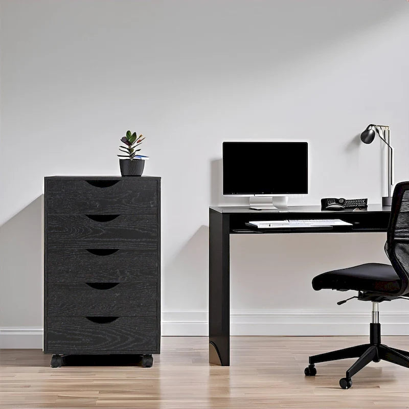 Portable Wooden 5-Drawer Cabinet with 360 Wheels, Easy Pullout Design, and Extra Top Storage