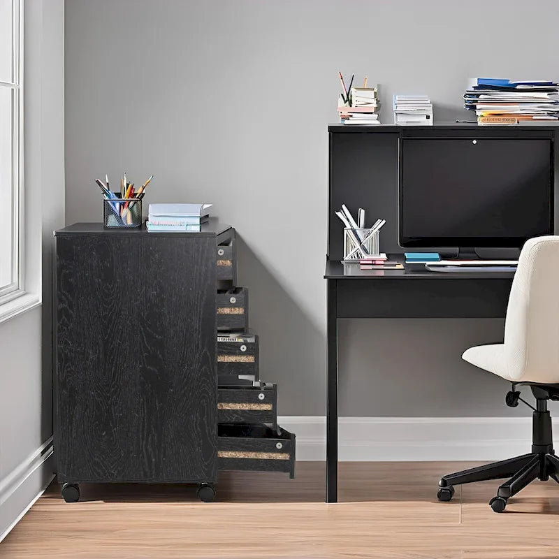 Portable Wooden 5-Drawer Cabinet with 360 Wheels, Easy Pullout Design, and Extra Top Storage