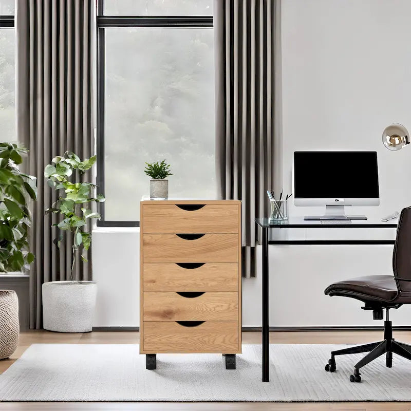 Portable Wooden 5-Drawer Cabinet with 360 Wheels, Easy Pullout Design, and Extra Top Storage
