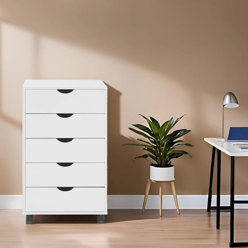 Portable Wooden 5-Drawer Cabinet with 360 Wheels, Easy Pullout Design, and Extra Top Storage
