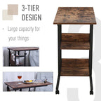 HOMCOM Industrial C-Shaped Mobile Rolling Sofa Side Table with 3-Tier Storage Shelving, Adjustable Height, & Wheels