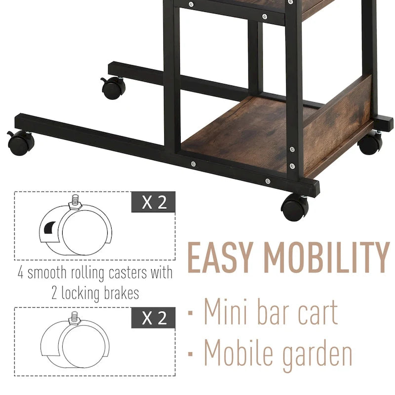 HOMCOM Industrial C-Shaped Mobile Rolling Sofa Side Table with 3-Tier Storage Shelving, Adjustable Height, & Wheels