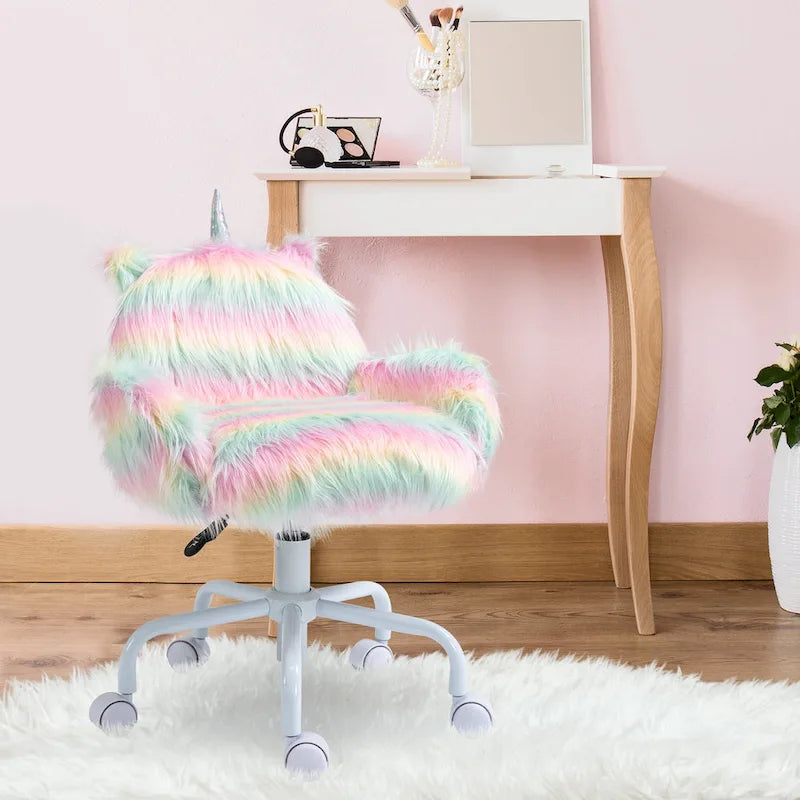 HOMCOM Fluffy Unicorn Office Chair with Mid-Back and Armrest Support, 5 Star Swivel Wheel White Base, Rainbow - Multi-colored
