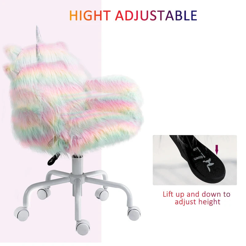 HOMCOM Fluffy Unicorn Office Chair with Mid-Back and Armrest Support, 5 Star Swivel Wheel White Base, Rainbow - Multi-colored