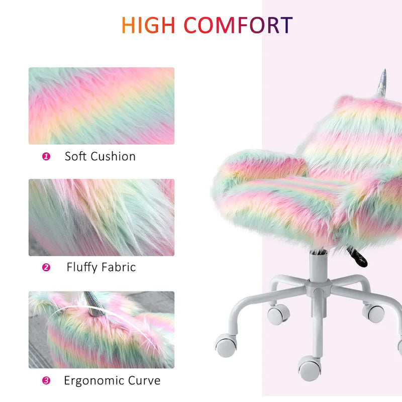 HOMCOM Fluffy Unicorn Office Chair with Mid-Back and Armrest Support, 5 Star Swivel Wheel White Base, Rainbow - Multi-colored