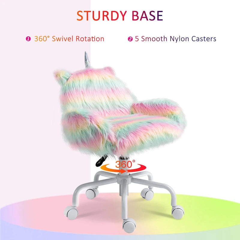 HOMCOM Fluffy Unicorn Office Chair with Mid-Back and Armrest Support, 5 Star Swivel Wheel White Base, Rainbow - Multi-colored