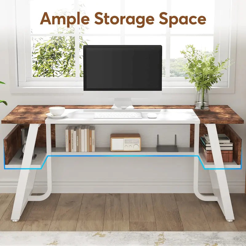 63 Inches Computer Desk with Bottom Shelves, Large Executive Desk