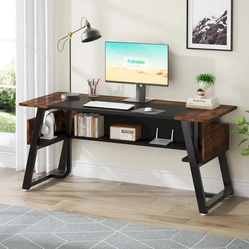 63 Inches Computer Desk with Bottom Shelves, Large Executive Desk
