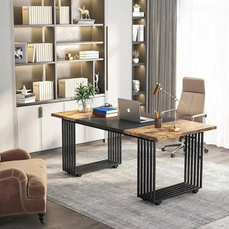 70.9  Modern Office Desk, White Executive Desk with Gold Metal Frame