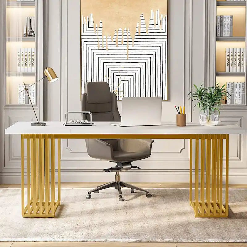 70.9  Modern Office Desk, White Executive Desk with Gold Metal Frame