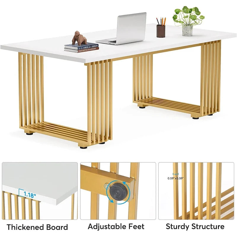 70.9  Modern Office Desk, White Executive Desk with Gold Metal Frame