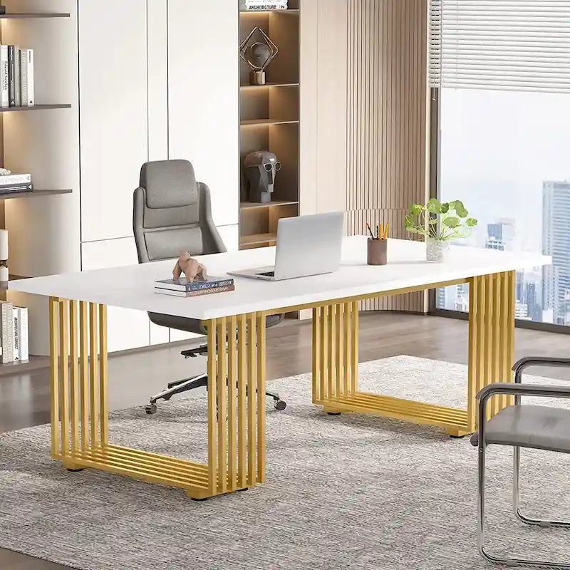 70.9  Modern Office Desk, White Executive Desk with Gold Metal Frame