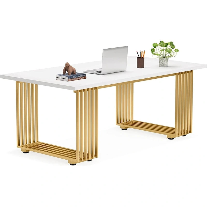 70.9  Modern Office Desk, White Executive Desk with Gold Metal Frame