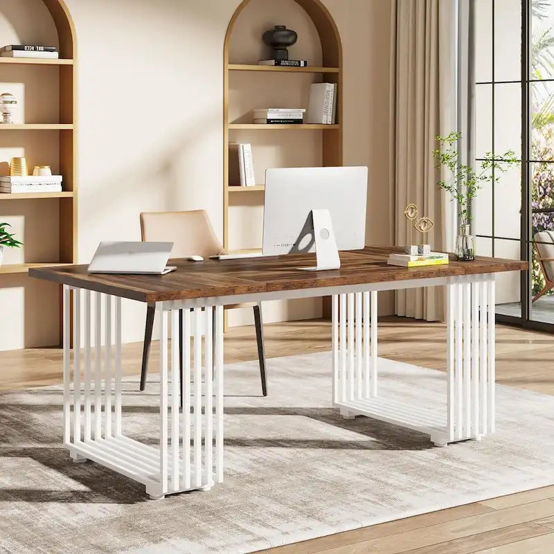 70.9  Modern Office Desk, White Executive Desk with Gold Metal Frame