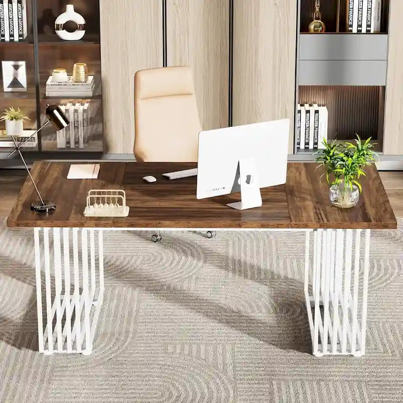 70.9  Modern Office Desk, White Executive Desk with Gold Metal Frame