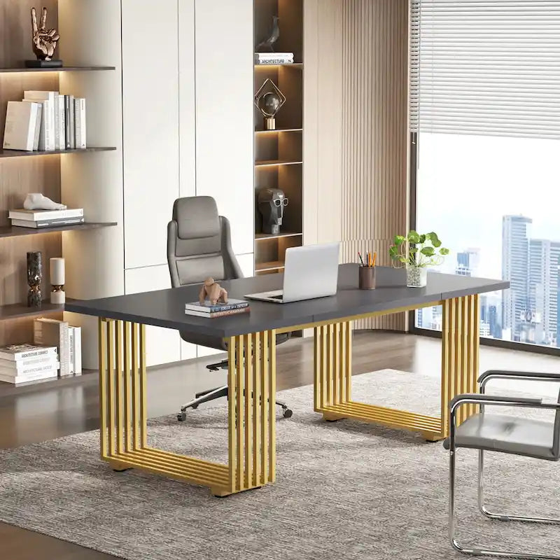 70.9  Modern Office Desk, White Executive Desk with Gold Metal Frame