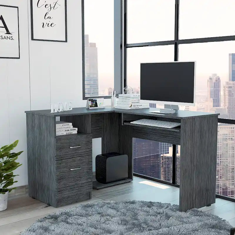 TUHOME Mix L-Shaped Desk with Open Shelving, 2 Drawers, and a Retractable Keyboard