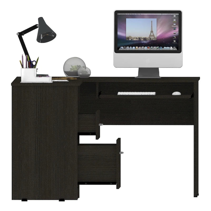 TUHOME Mix L-Shaped Desk with Open Shelving, 2 Drawers, and a Retractable Keyboard