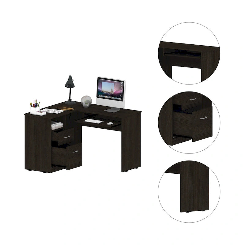 TUHOME Mix L-Shaped Desk with Open Shelving, 2 Drawers, and a Retractable Keyboard