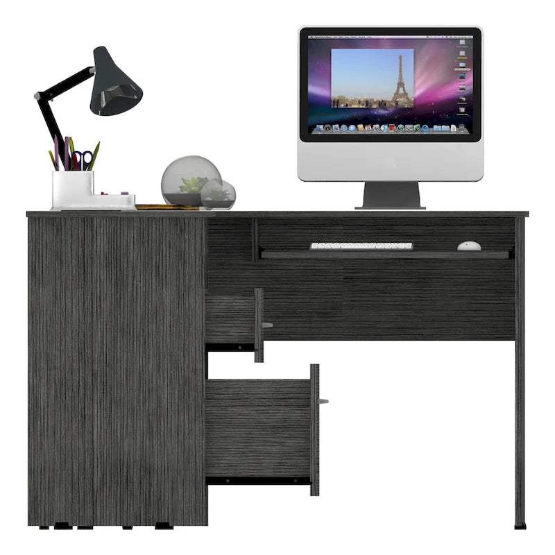TUHOME Mix L-Shaped Desk with Open Shelving, 2 Drawers, and a Retractable Keyboard