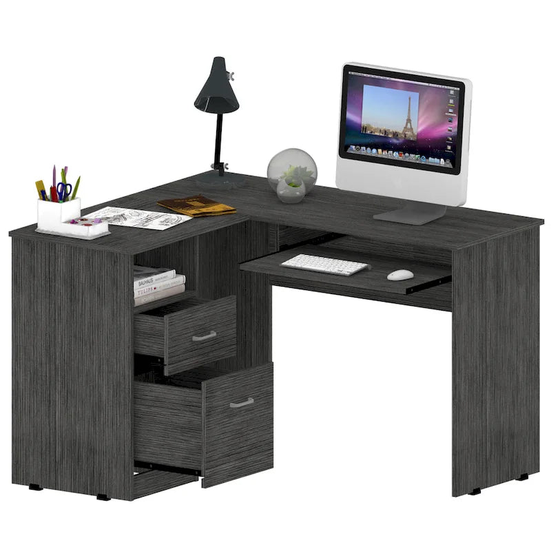 TUHOME Mix L-Shaped Desk with Open Shelving, 2 Drawers, and a Retractable Keyboard