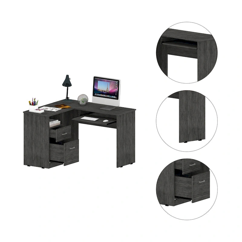 TUHOME Mix L-Shaped Desk with Open Shelving, 2 Drawers, and a Retractable Keyboard