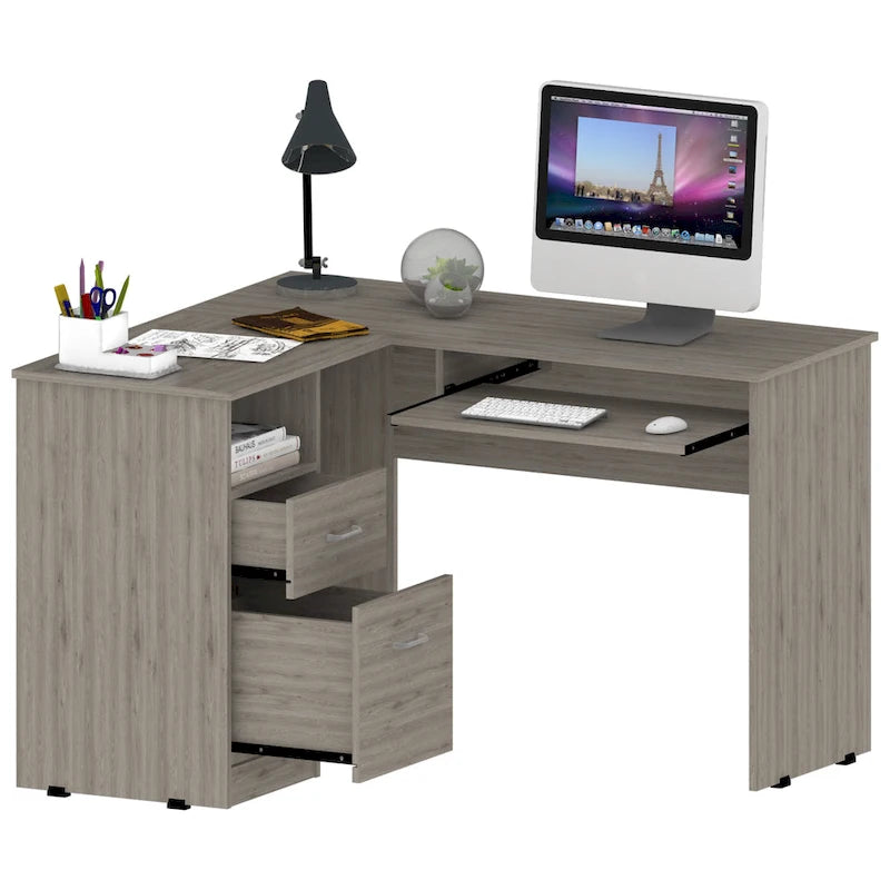 TUHOME Mix L-Shaped Desk with Open Shelving, 2 Drawers, and a Retractable Keyboard