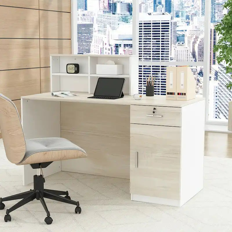 Timechee Reception Desk Counter with Lockable Storage Wood Texture