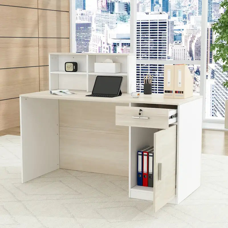 Timechee Reception Desk Counter with Lockable Storage Wood Texture