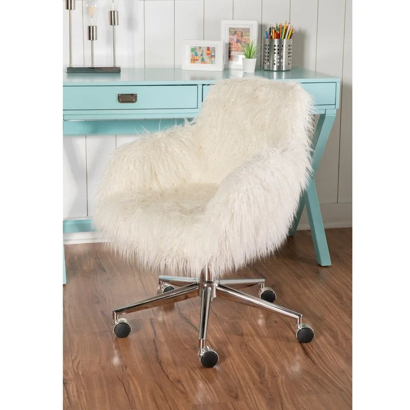 Amber Off-White Faux Fur Office Chair