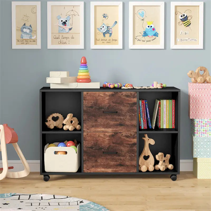 Black/ White Modern File Cabinet with 2 Drawers and 4 Open Shelves Wood Office Storage Cabinet