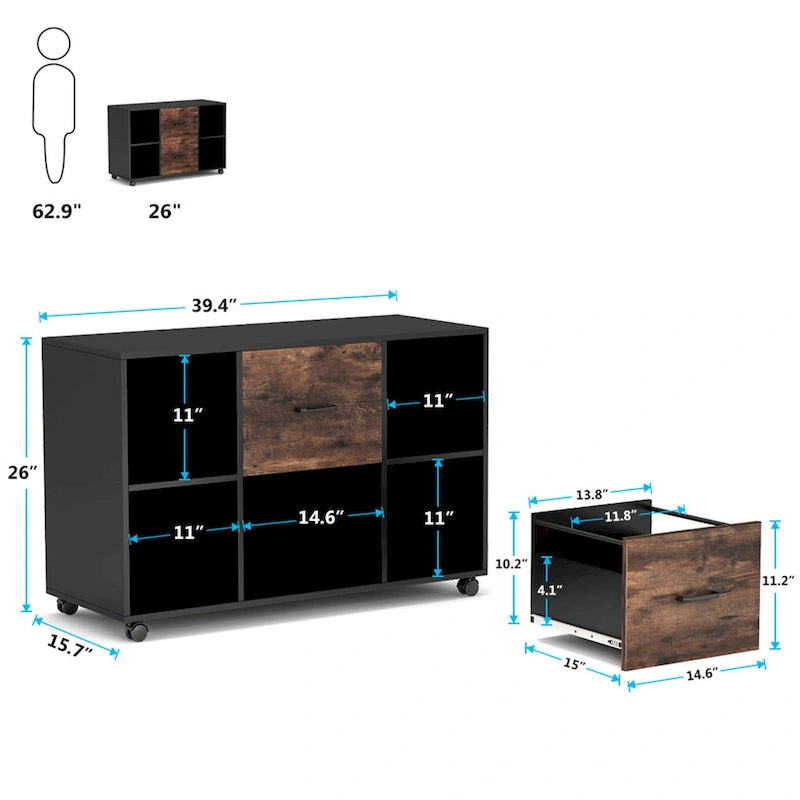 Black/ White Modern File Cabinet with 2 Drawers and 4 Open Shelves Wood Office Storage Cabinet