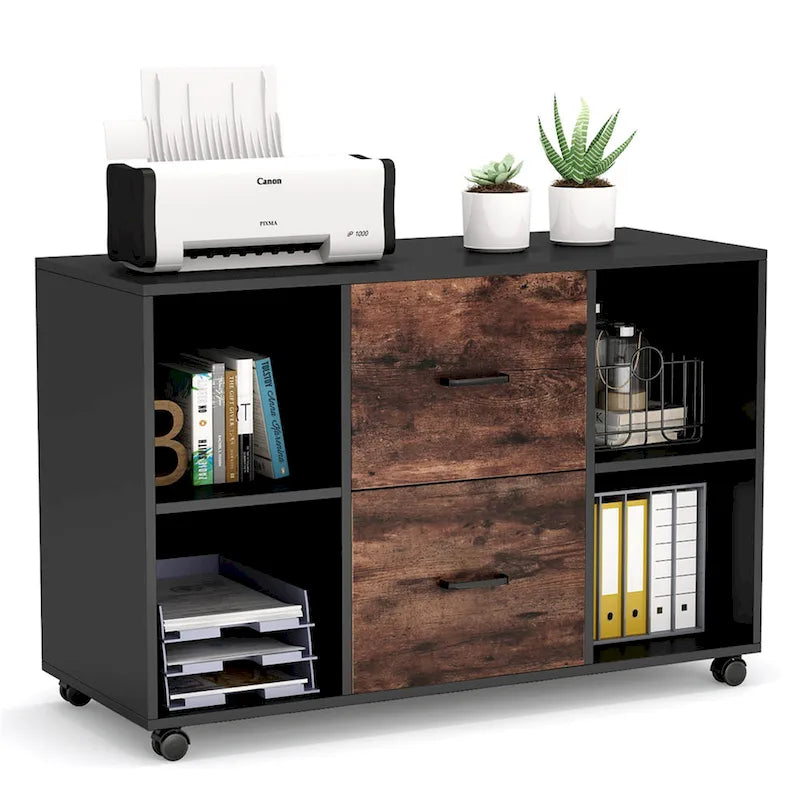 Black/ White Modern File Cabinet with 2 Drawers and 4 Open Shelves Wood Office Storage Cabinet