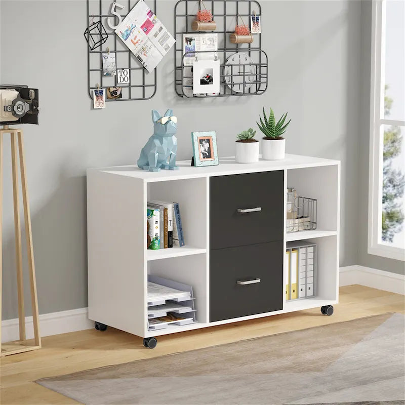 Black/ White Modern File Cabinet with 2 Drawers and 4 Open Shelves Wood Office Storage Cabinet
