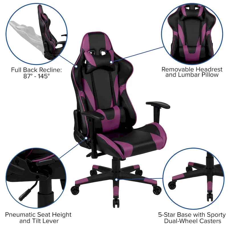 Racing Gaming Ergonomic Chair with Fully Reclining Back in Red LeatherSoft