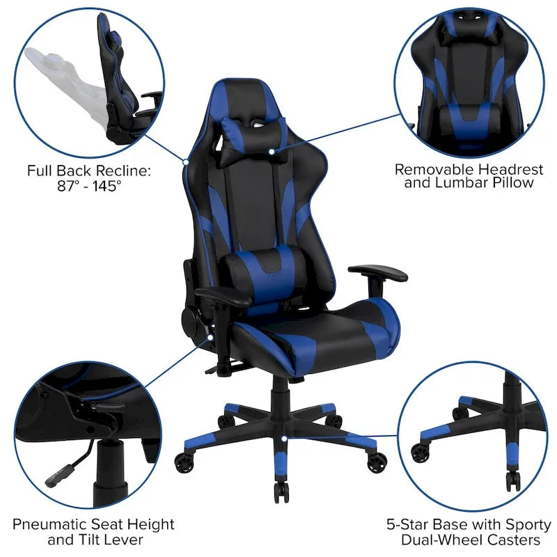 Racing Gaming Ergonomic Chair with Fully Reclining Back in Red LeatherSoft