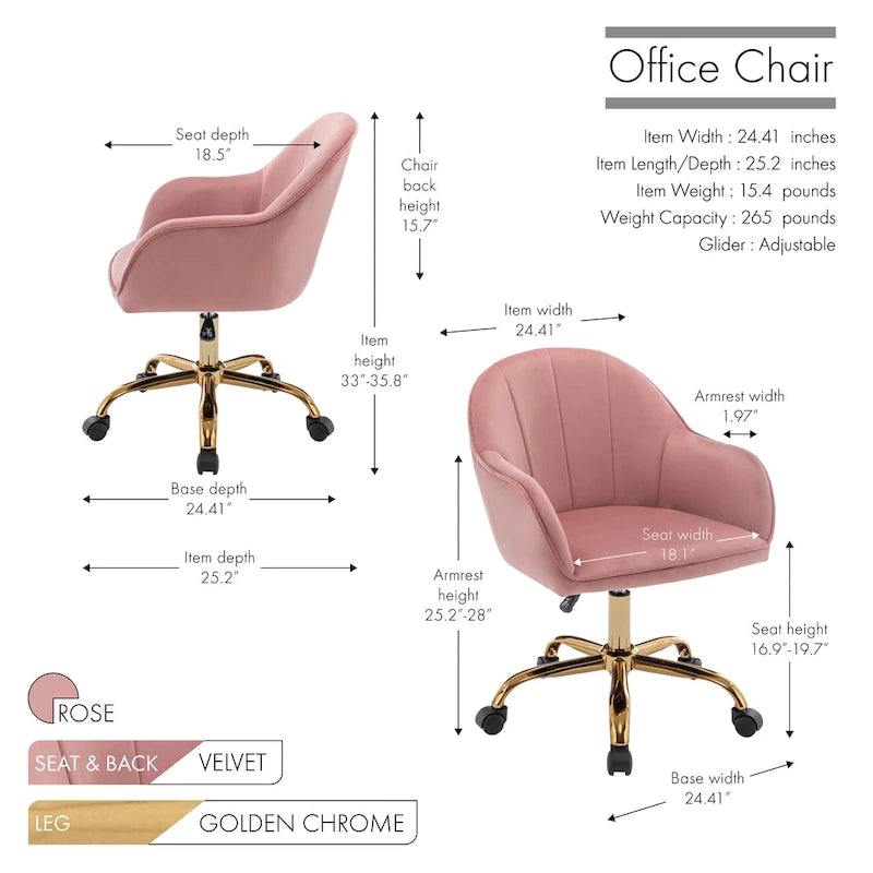 Porthos Home Xenos Velvet Office Chair with Gold Chrome Base