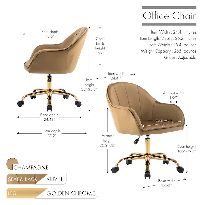 Porthos Home Xenos Velvet Office Chair with Gold Chrome Base