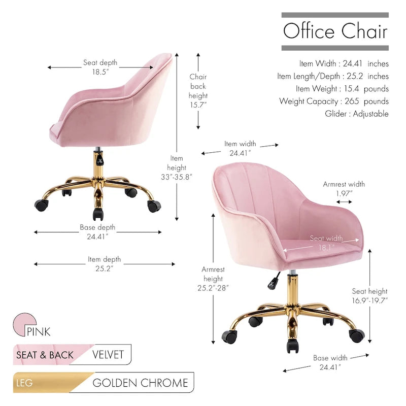 Porthos Home Xenos Velvet Office Chair with Gold Chrome Base