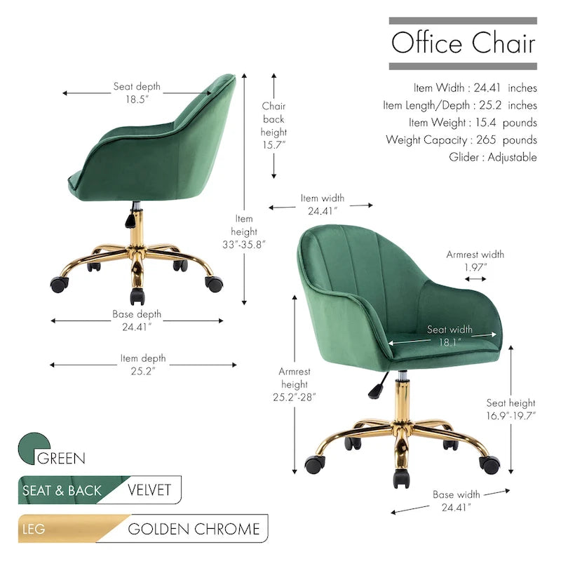 Porthos Home Xenos Velvet Office Chair with Gold Chrome Base