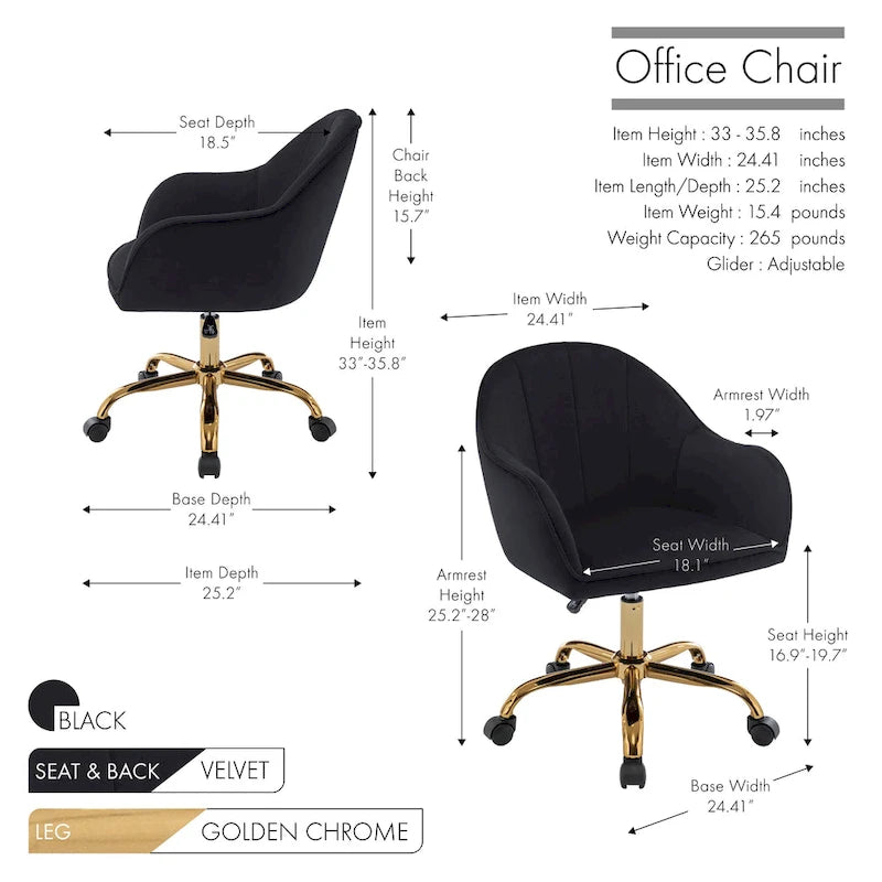 Porthos Home Xenos Velvet Office Chair with Gold Chrome Base