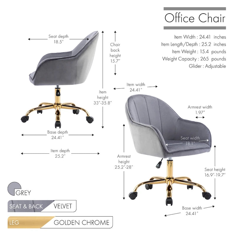 Porthos Home Xenos Velvet Office Chair with Gold Chrome Base