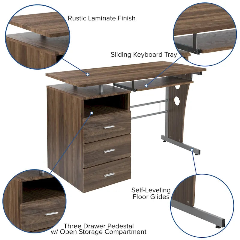 Pedestal 3-drawer Computer Desk with Keyboard Tray