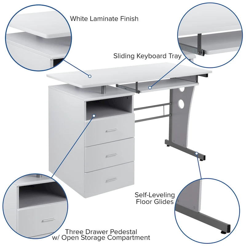 Pedestal 3-drawer Computer Desk with Keyboard Tray