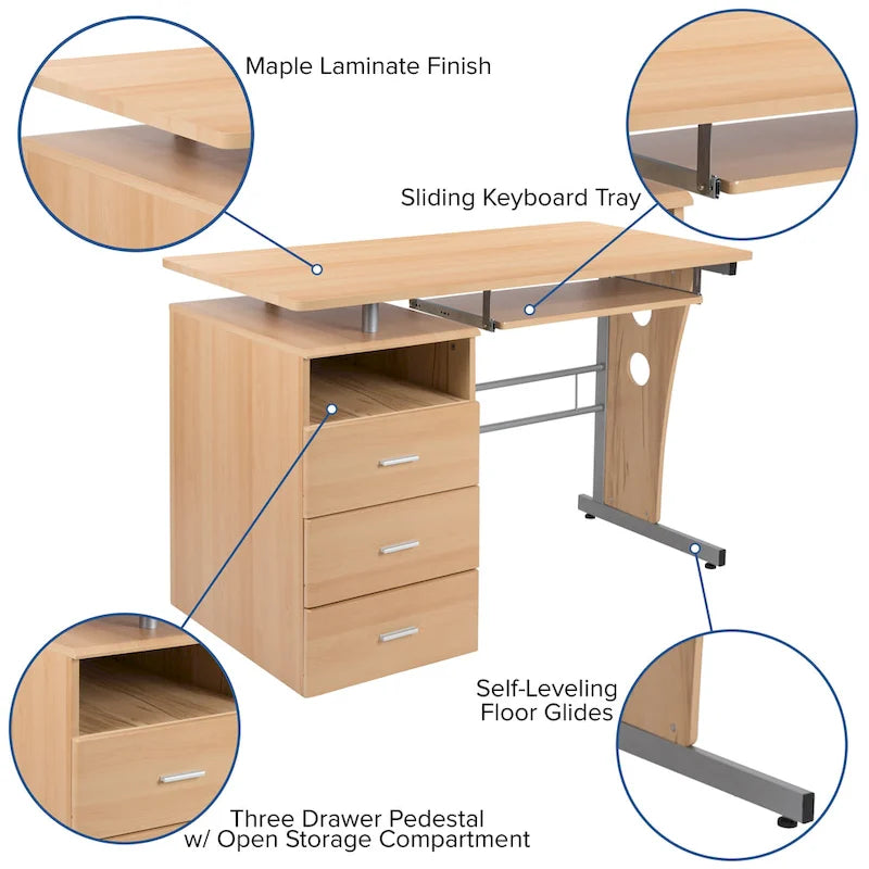 Pedestal 3-drawer Computer Desk with Keyboard Tray