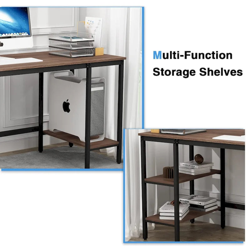 Computer Desk with Storage Shelves, Industrial Reversible Home Office Desk Workstation Study