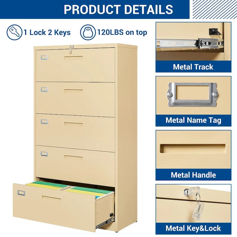 Steel 5 Drawer Lateral File Cabinet Storage Cabinets